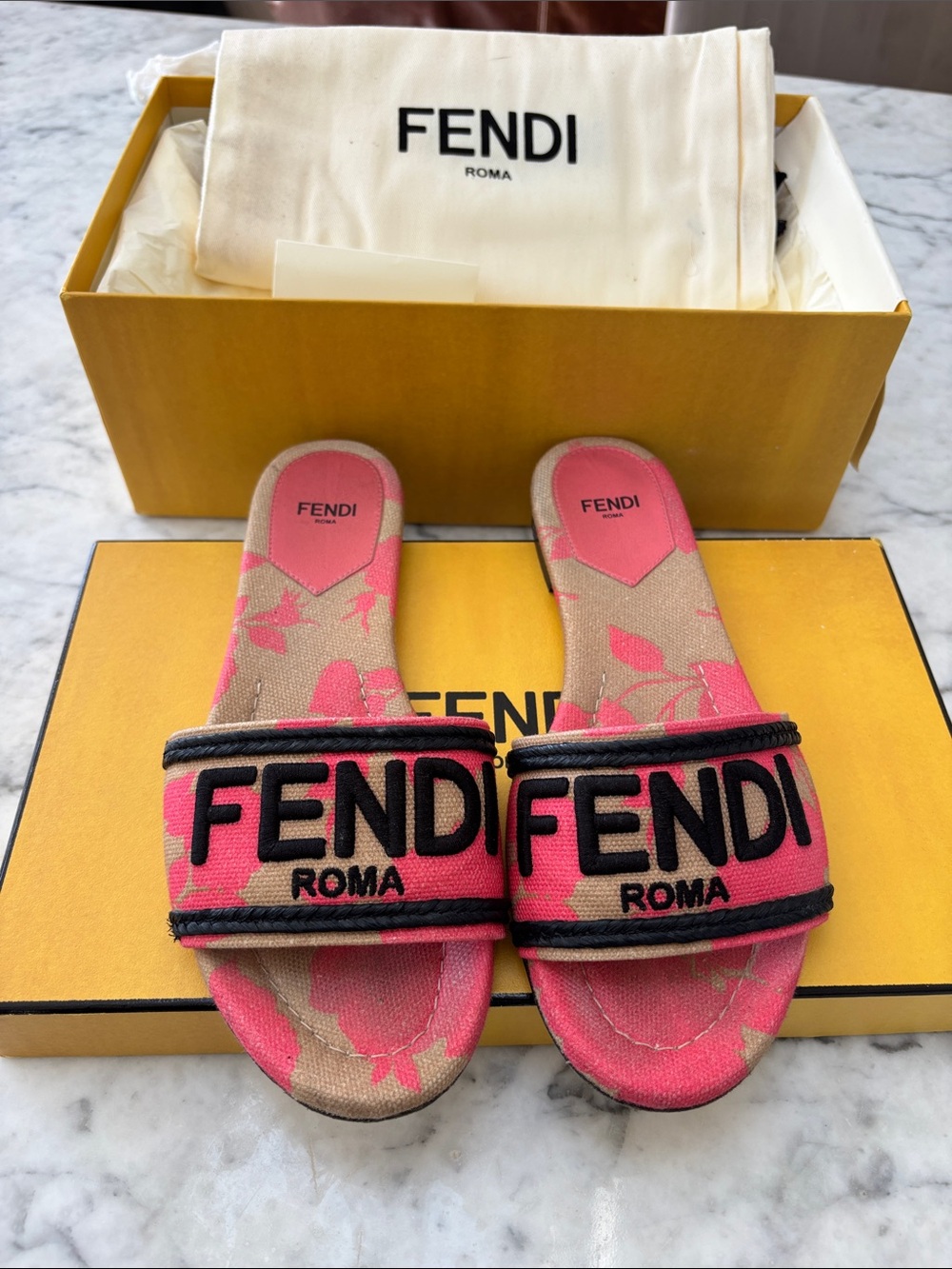 Fendi Pink Floral Logo Slide Sandals with Black Embroidered Band